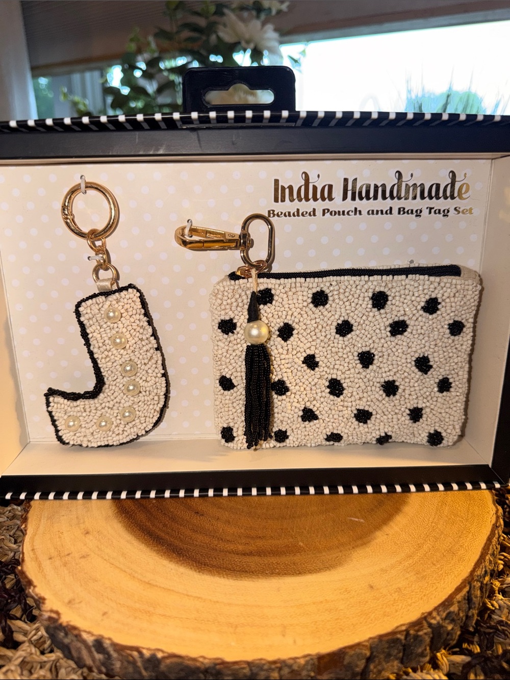 White Beaded Pouch & Monogram J Keychain